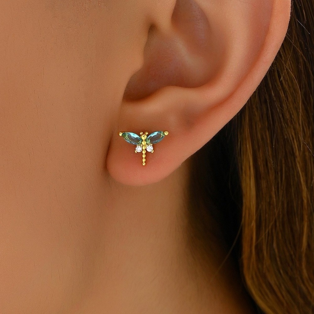 Gold Tone Blue Zircon Dragonfly Stud Earrings 18K PVD Stainless Steel